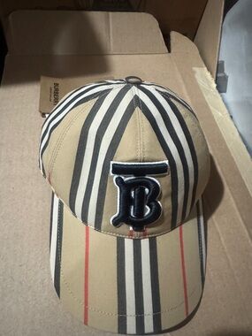 Burberry Beige Striped TB Monogram Cap